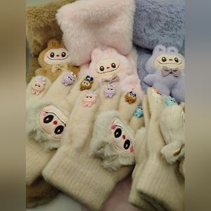 3 Labubu Super Soft Pink, Purple, & Tan Scarfs & 3 Pairs Of Labubu Cream Gloves